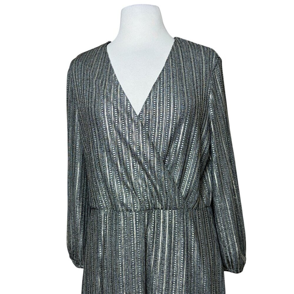 Cupio Metallic Silver 3/4 Sleeve Dress Large Wrap Front - Picture 5 of 10